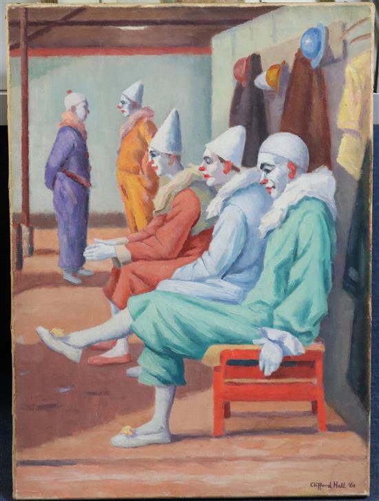 Clifford Hall (1904-1973) Clowns backstage, 22 x 16in., unframed